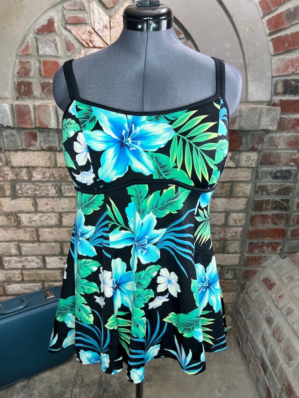 one piece swimsuit swimdress Vintage floral blue black green